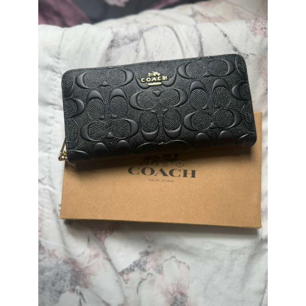 Coach Accordion Zip Black Embossed Signature Leather Wallet