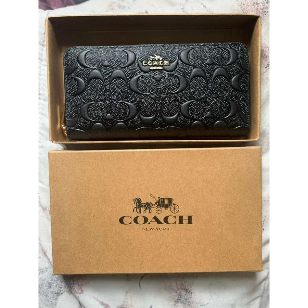 Coach Accordion Zip Black Embossed Signature Leather Wallet