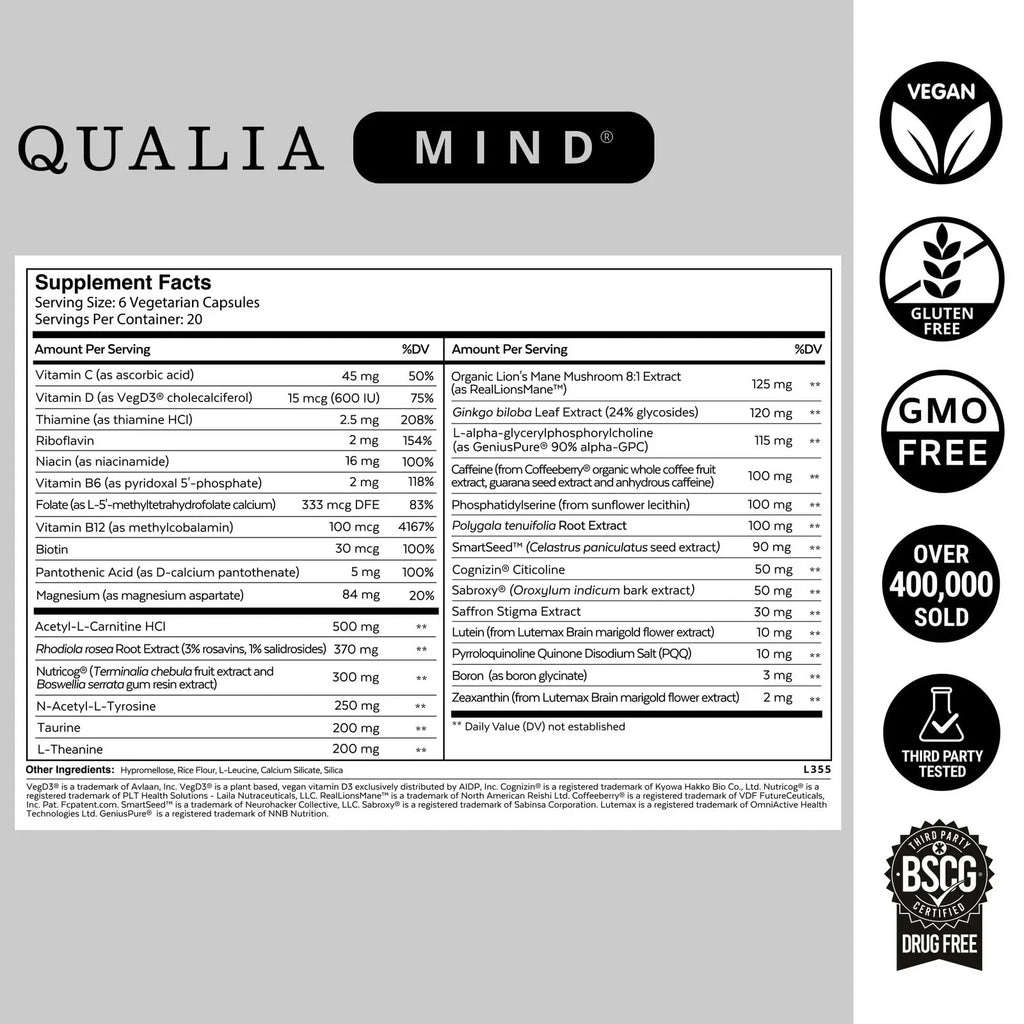 Qualia Mind Focus Memory Drive Brain Health Supplement 120 Capsules