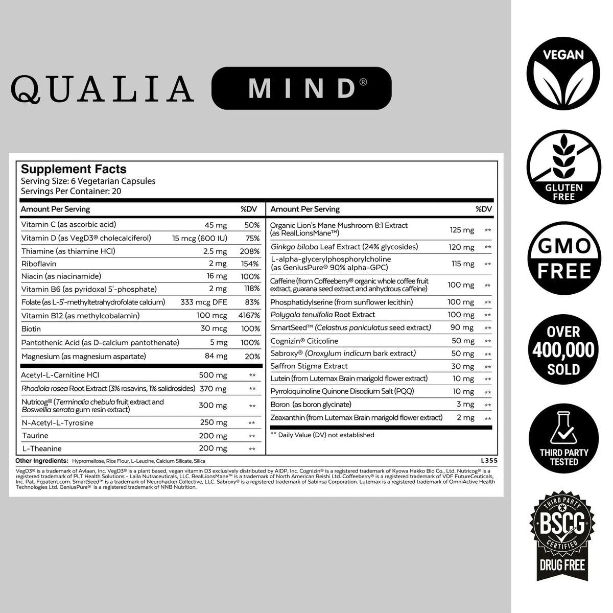 Qualia Mind Focus Memory Drive Brain Health Supplement 120 Capsules