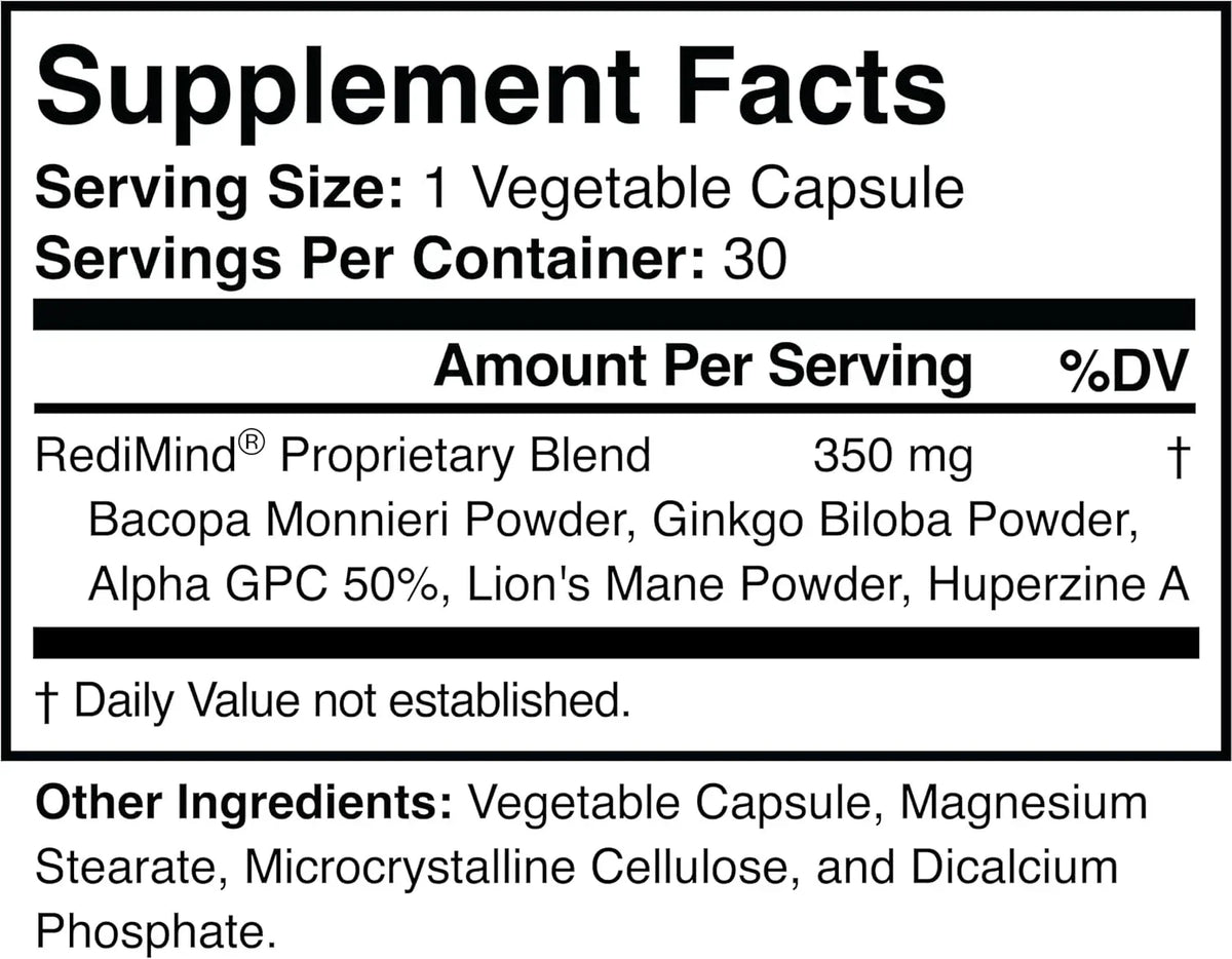 Redimind Natural Cognitive Support Brain Supplement Capsules