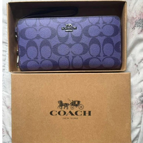 Coach Long Round Zip Purple Signature Leather Wallet